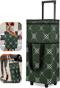 Foldable Rolling Bag, Portable Small Shopping Cart with Wheels, Collapsible Shopping Tote with Stylish Pattern for Market & Grocery Runs–Gift for Women & Seniors, Pro L, greengrid