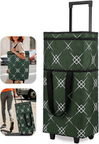 Foldable Rolling Bag, Portable Small Shopping Cart with Wheels, Collapsible Shopping Tote with Stylish Pattern for Market & Grocery Runs–Gift for Women & Seniors, Pro L, greengrid