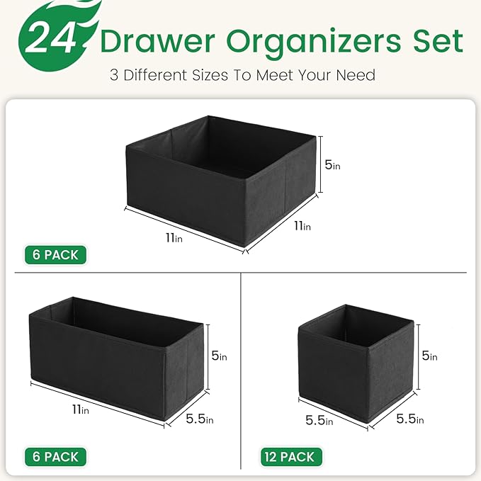 Criusia Drawer Organizer Clothes, 24 Pack Underwear Drawer Organizers, Foldable Closet Organizers and Storage Dresser Drawer 