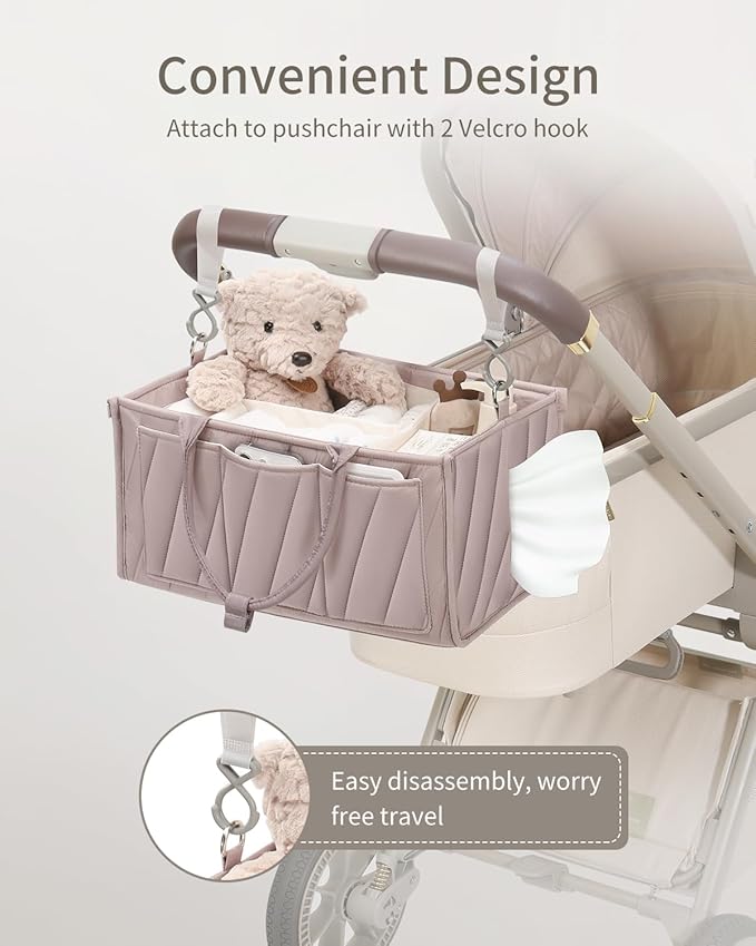 Diaper Caddy Organizer – Portable Storage Basket with Shoulder Strap & Stroller Hooks, Splashproof Quilted Nursery & Car Tote