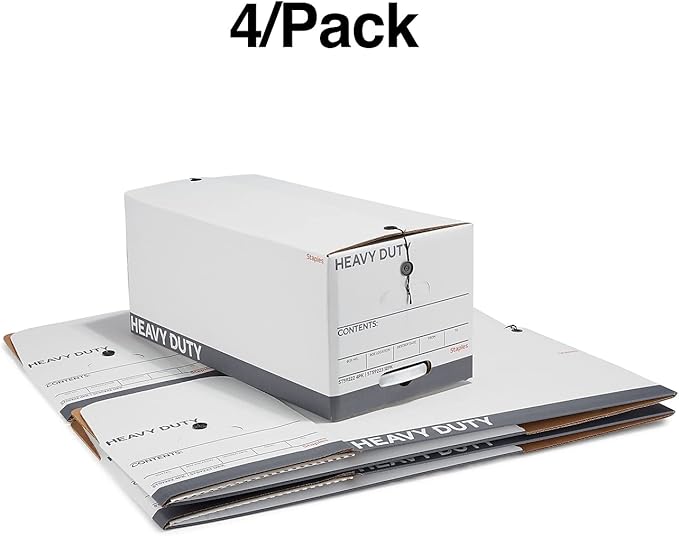 STAPLES Storage & Filing Box, Heavy-Duty with Handles & String-Button Lid, Letter Size Documents, Stackable, 4-Pack, White/Gr