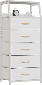 Furnulem White Dresser with 5 Drawers, Vertical Storage Tower Fabric Dresser for Bedroom, Hallway, Entryway, Nursery, Closet 