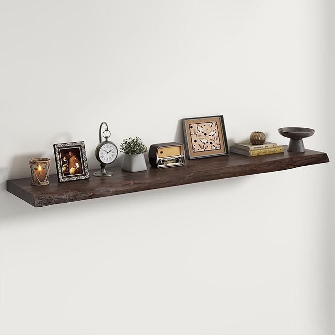 Live Edge Elm Floating Shelves For Wall - 55" W x 9.3" D Rustic Solid Long Wood Shelves with Invisible Bracket, Wall-Mounted 