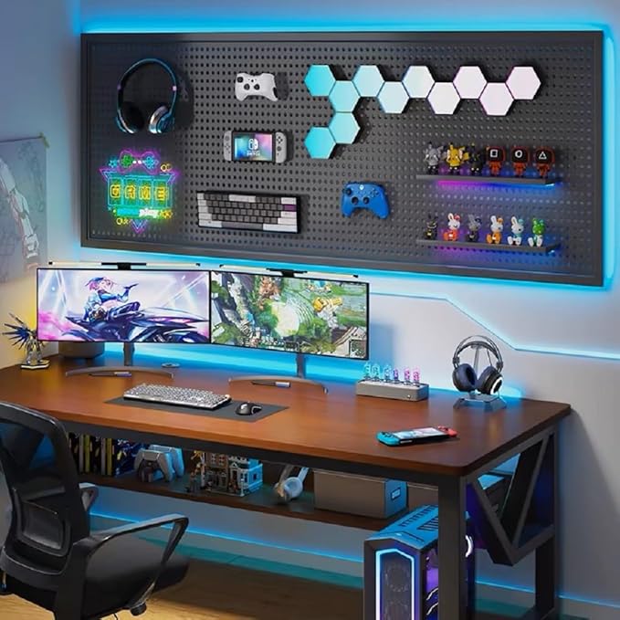 Peg Board with RGB+IC LED Strip Lights,2PCS Metal Pegboard Panels,Heavy Duty Pegboard Gaming Room Wall Organizer with Hooks,D