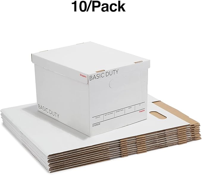 STAPLES Corrugated File Box Lift Off Lid, Letter/Legal Size, White/Black, 10/Pack