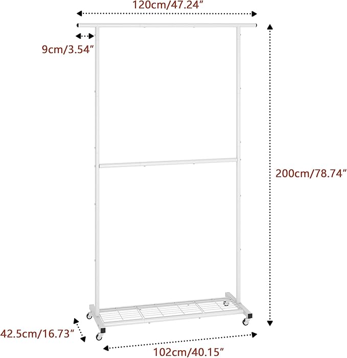 Sywhitta Double Rod Clothing Garment Rack, Rolling Coat Hanger with Bottom Mesh, Clothing Rack for Hanging Clothes, Coats, Sk