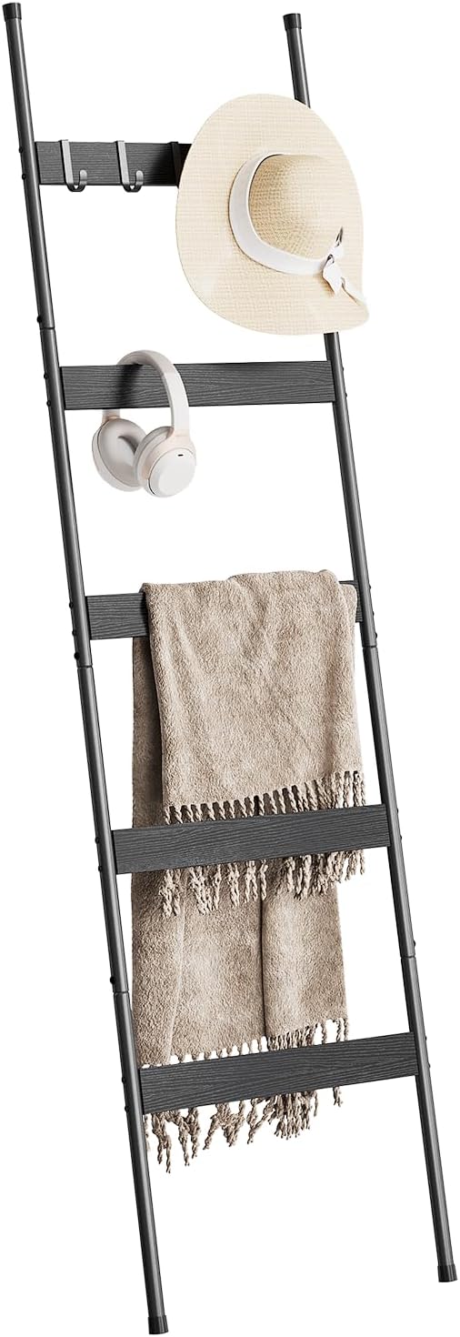 ELYKEN Blanket Ladder for Living Room, Farmhouse 5-Tier Quilt Holder with 4 Removable Hooks for Bathroom, Wood Towel Rack Dis