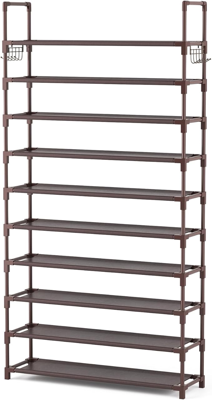 VTRIN 10 Tiers Shoe Rack Tall Large Capacity Wide Shoe Organizer Sturdy Shoe Shelf for Entryway with Two Hooks Metal Shoe Sto