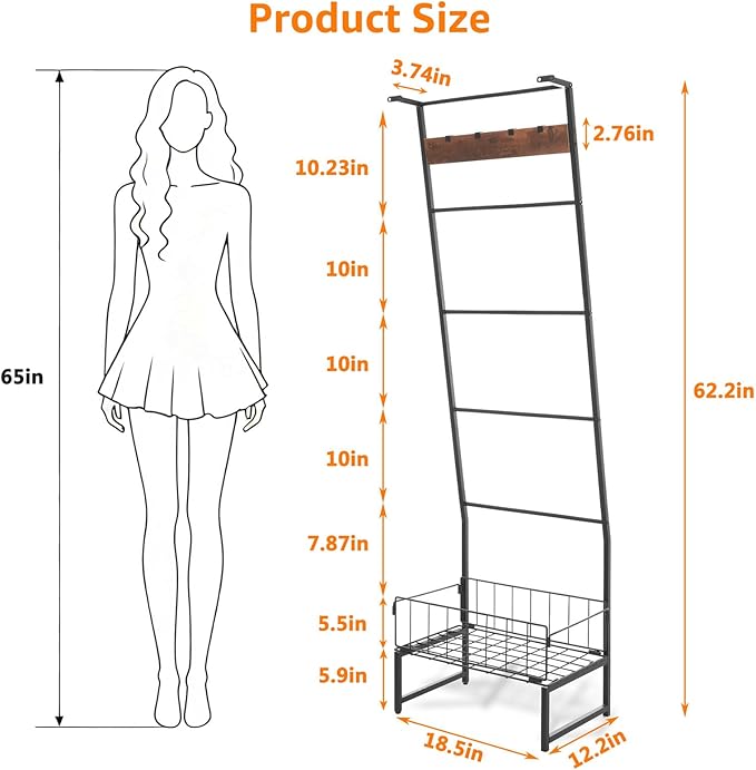 Metal Blanket Ladder with Basket, 5 Tier Rustic Blanket Rack with Hooks for Living Room, Bedroom, Farmhouse Decor – 5.2ft Wal
