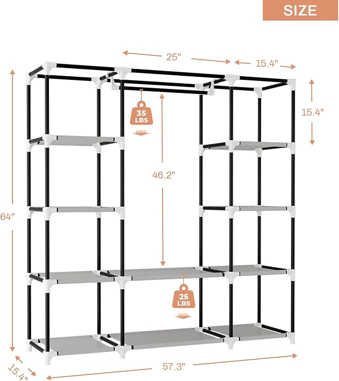 VTRIN Portable Closet Wardrobe for Hanging Clothes 57.3 Inch Large Capacity Clothes Rack with Cover, 10 Storage Organizer She