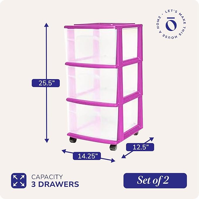 HOMZ 2-Pack Drawer Tower, 3-Tier Clear Plastic Storage Organizer Cart, Purple Frame - Organizing Containers with Wheels for H