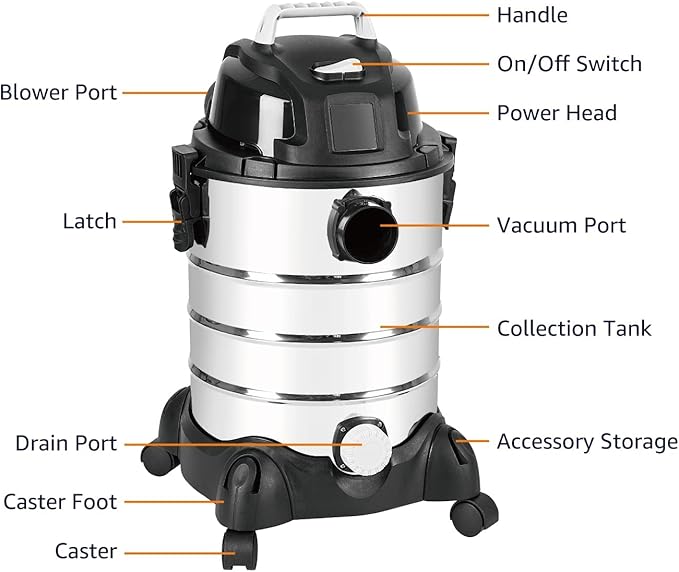 Amazon Basics Wet Dry Shop Vacuum Cleaner, 6 Gallon, 3.5 HP Stainless Steel, with Filter, Grey/Black