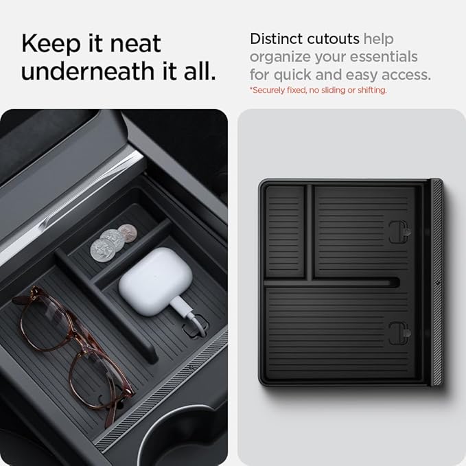 Spigen Non-Slide Center Console Organizer (Expanded Capacity) for Tesla Model Y Juniper (Only Premium & Performance 2025/26) and Model 3 Highland (Standard, Premium & Performance 2024/25/26)