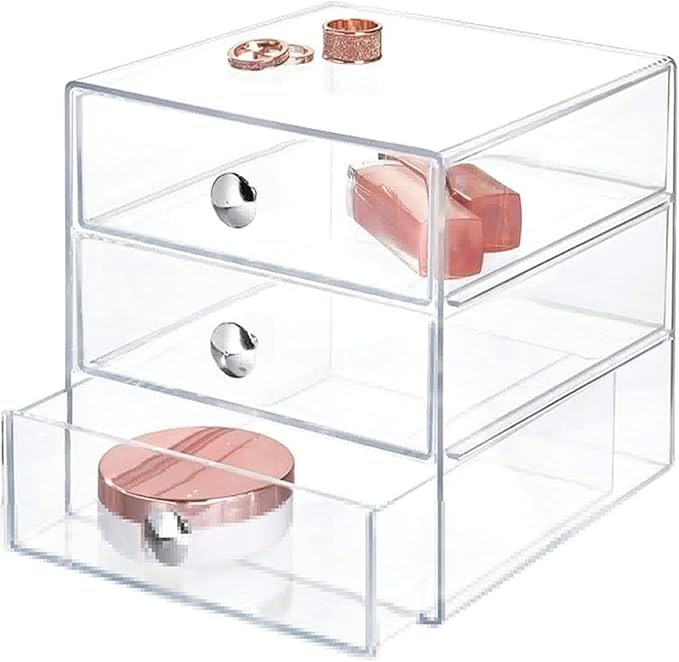 AJIODA Makeup Drawer Organizer Box with 3 Drawers, Acrylic Cosmetic Display Case Vanity Organizer Jewelry Storage Box Stackab