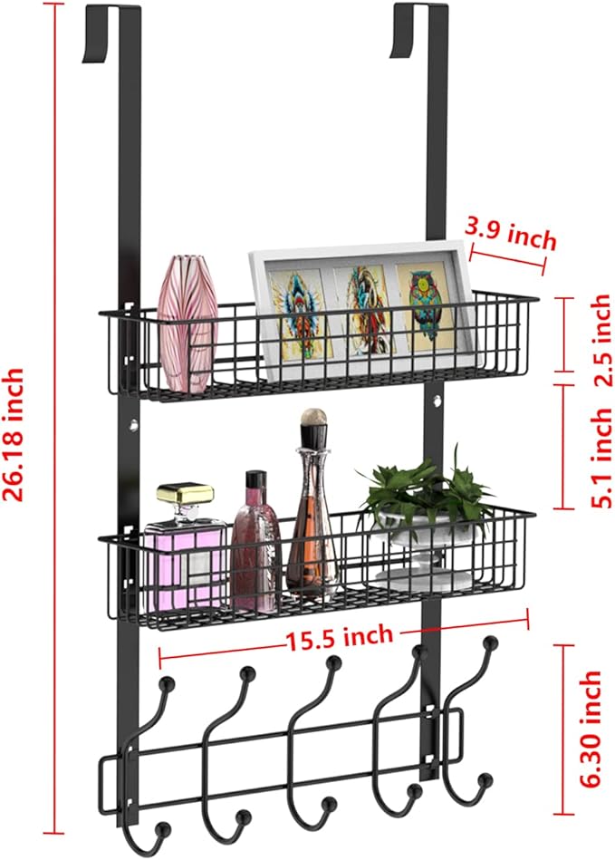 Coat Rack, Over The Door Hanger with Mesh Basket, Detachable Storage Shelf for Towels, Hats, Handbags, Coats (Black-2 Baskets
