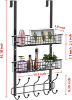 Coat Rack, Over The Door Hanger with Mesh Basket, Detachable Storage Shelf for Towels, Hats, Handbags, Coats (Black-2 Baskets