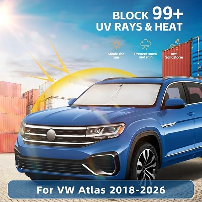 Windshield Sun Shade for VW/Volkswagen Atlas 2018-2024 2025 2026 Front Window Shade Custom Fit Atlas Accessories Sun Visor Foldable Shade Blocks UV Rays Summer Must Have Car Accessories
