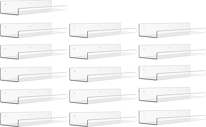 upsimples 16 Pack Acrylic Shelves for Wall Storage, 15" Floating Bookshelves for Kids, Display Shelf Organizer for Bathroom, 