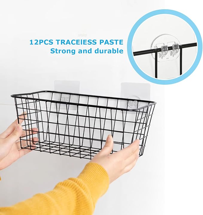 ABuff 6 Pack Metal Wire Storage Baskets Wall Mounted Hanging Wall Basket with Traceless Tape, Hanging Kitchen Organizer Baske
