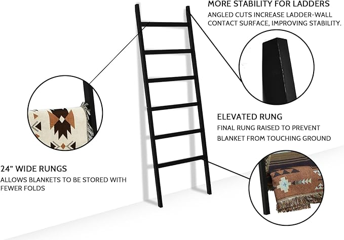 FUIN 6.4ft Extra Wide Wooden Blanket Ladder Living Room Decorative Wal Leaning Farmhouse Quilt Display Holder Rustic Wood Tow
