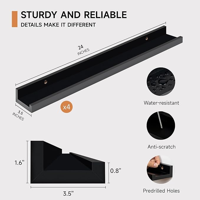 Fun Memories Picture Ledge Shelf for Wall, Floating Shelves Set of 4, 24 Inch Long Nursery Book Shelves for Toys Storage, Kid