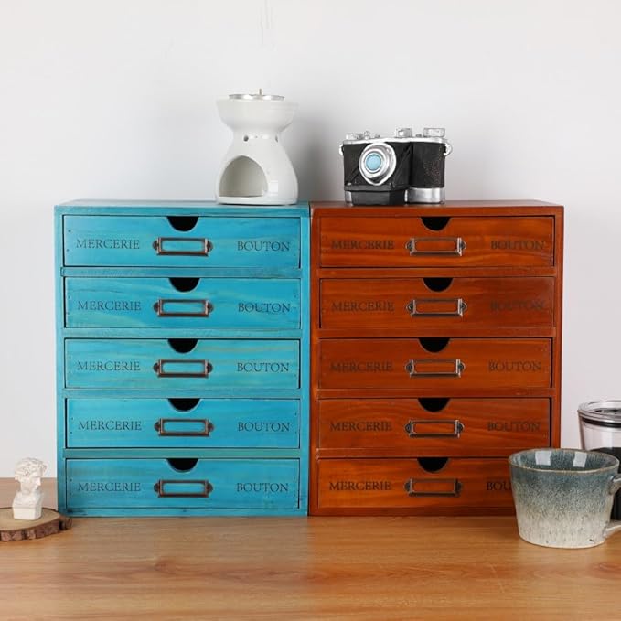 Wooden Storage Box with 5 Drawers Apothecary Drawers Vintage Wooden Drawers Wood Desktop Organizer with Drawer Library Card C