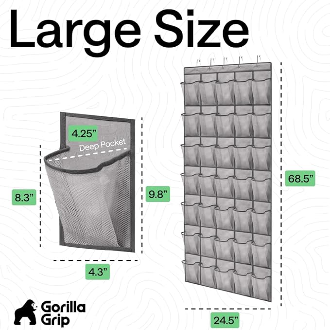 GORILLA GRIP Over the Door Shoe Organizer, 35 Large Breathable Mesh Pockets, Space Saving Hanging Storage Holder, 5 Hook Clos