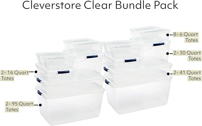 Rubbermaid Cleverstore Clear Dorm Variety 16-Pack, Made in USA, Stackable Large Clear Storage Bins with Lids, See-Through Pla