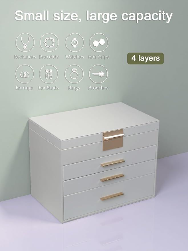 BOOVO Jewelry Boxes for Women, 5 Layer Jewelry Organizer with Necklace Hanger and Drawers, Large Jewelry Box for Earrings, Ne