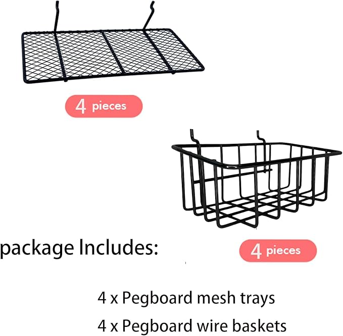 8-Pack Pegboard Baskets & Trays, Container Holders, Pegboard Racks, Wire Shelf, Wall Organizer, Attachments for Organizing Va