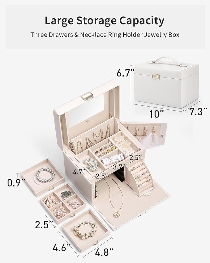 Vlando Jewelry Box Organizer for Girls Women, Large Vintage Jewelry Storage Box with Mirror, Drawers for Bracelets, Earrings,