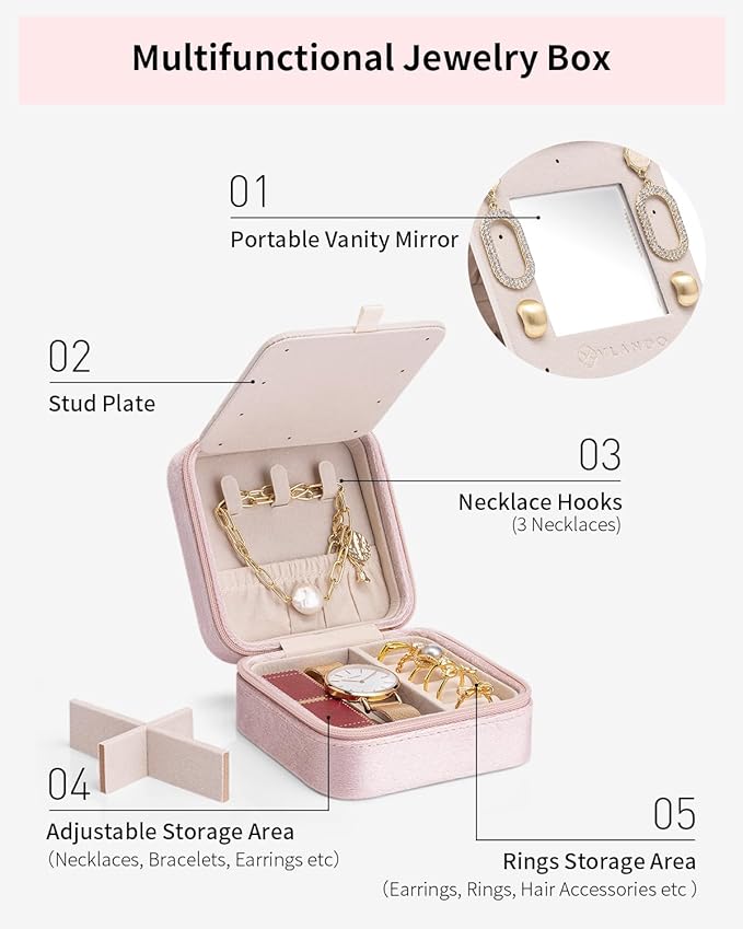 Vlando Travel Jewelry Box for Girls Women, Initial Jewelry Organizer Box Travel Must Haves Jewelry Case for Girls, Necklace E
