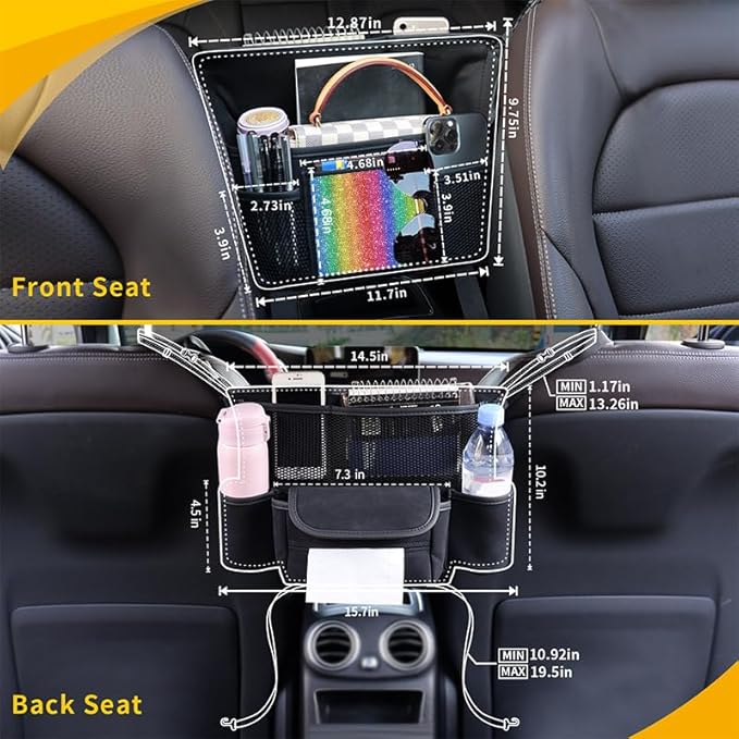 Color Diamond Car Handbag Holder Between Seats Bling Rhinestone Car Storage Bag Large Capacity Purse Phone Automotive Consoles Organizer Safe Barrier of Backseat Pet Kids…