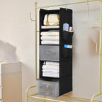 5-layer suspended fabric shelf organizer, equipped with 2 sturdy hooks, 2 separate drawers, and foldable hanging storage (bla