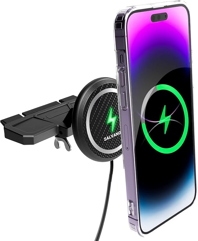 Galvanox Wireless Charging Car CD Slot Phone Holder - Magnetic Mount Charger with Secure CD-Player Attachment - Compatible with MagSafe