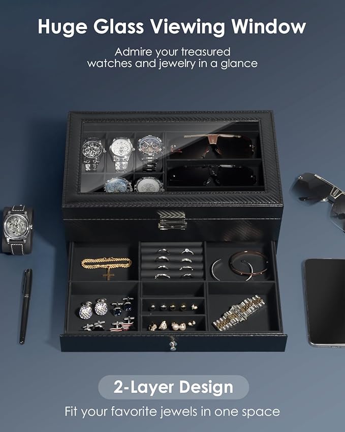 Kukikan Watch Jewelry Box Organizer, 6-Slot 2-Layer Watch Case and Sunglasses Storage with Large Glass Lid, Mens Jewelry