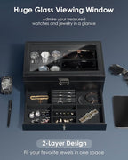 Kukikan Watch Jewelry Box Organizer, 6-Slot 2-Layer Watch Case and Sunglasses Storage with Large Glass Lid, Mens Jewelry