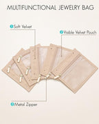 Vlando Travel Jewelry Bag,Small Jewelry Organizers Storage Bag, 5 Pcs Clear Velvet Zipper Pouch Earring Organizer Travel Esse