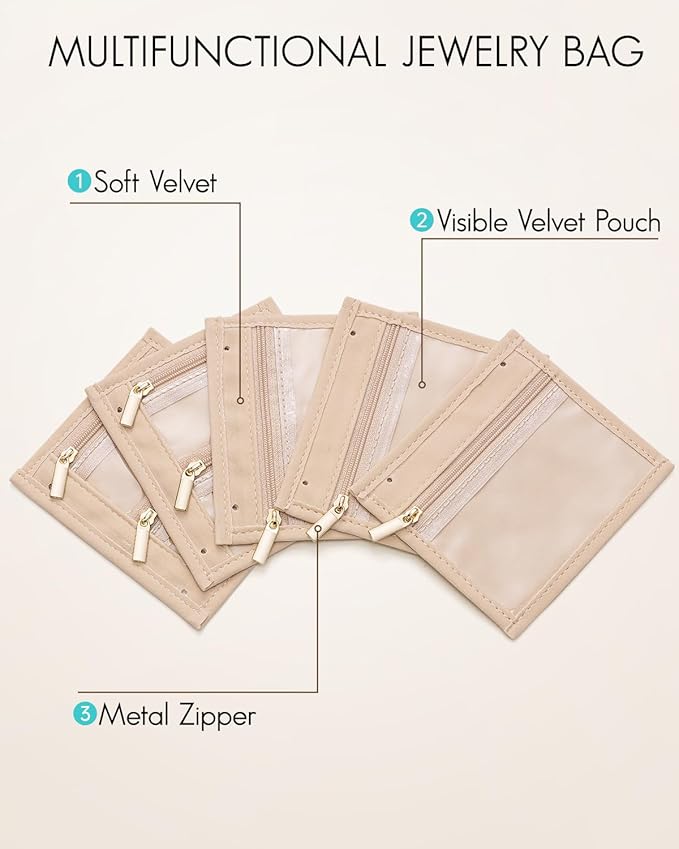 Vlando Travel Jewelry Bag,Small Jewelry Organizers Storage Bag, 5 Pcs Clear Velvet Zipper Pouch Earring Organizer Travel Esse