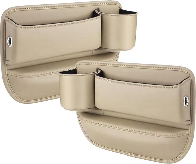2-Pack car seat Gap Filler Organizer with Cup Holder,Car Leather Cup Holder Gap Organizer,Built-in Beverage Holder (12in x7.9in), for Keys/Phone/Sunglasses, Car Seat Organizer (Beige)
