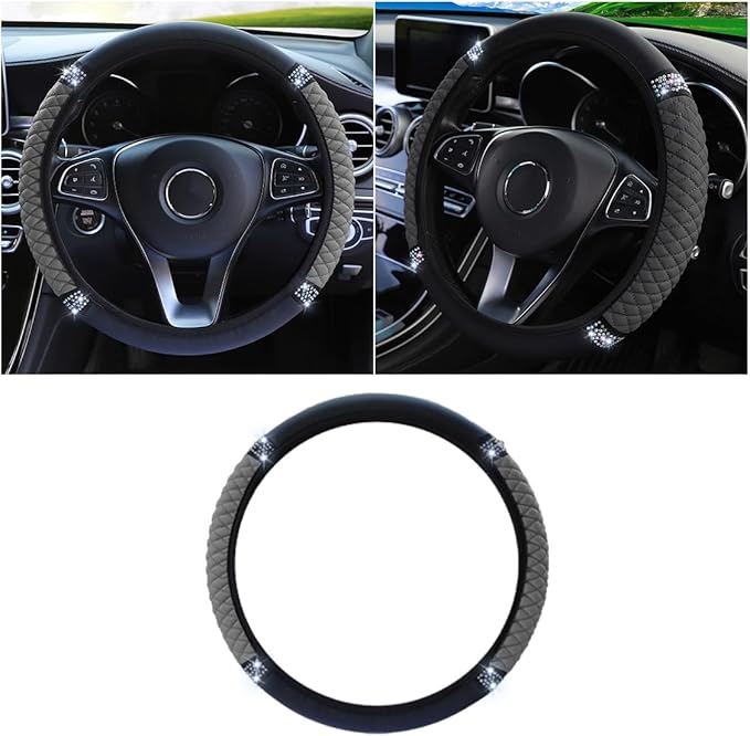 Bling Soft Leather Steering Wheel Cover, 15 Inch Colorful Rhinestones Auto Elastic Protector with Crystal Diamond for Women G
