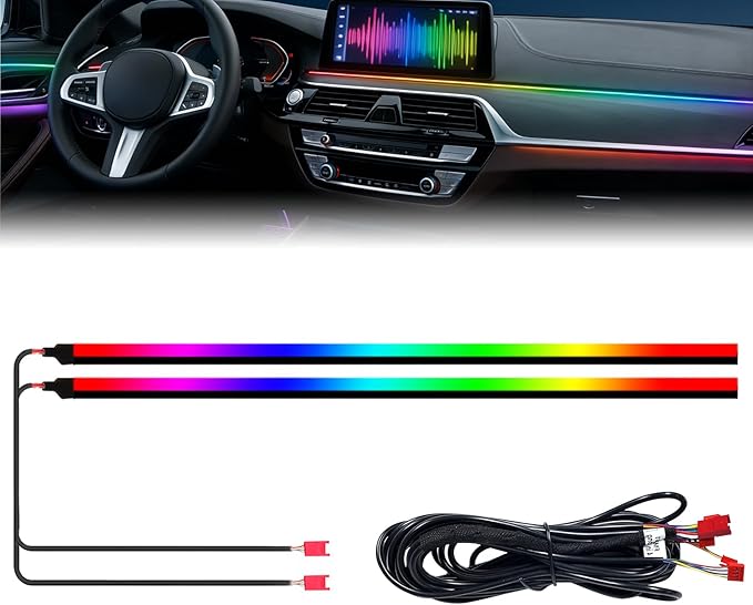Dream Color Acrylic Interior Car Lights, 2 Pieces 75cm/29.5inch 128 Colorful Car LED Strip Light RGB Fiber Optic Rainbow Ambient Lighting bar, Universal Decoration Dynamic Atmosphere Neon Lights