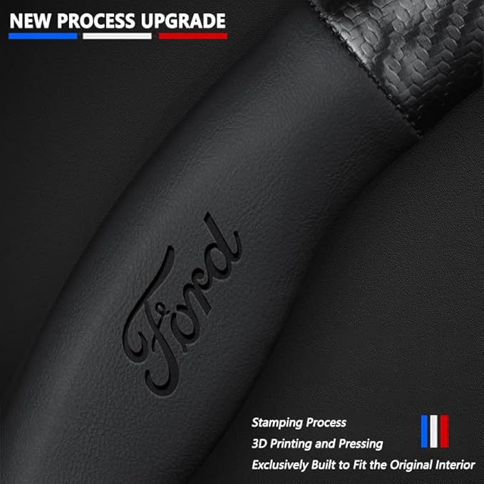 Customized Steering Wheel Cover Compatible with Ford, Nappa Leather & Carbon Fiber Design Car Steering Wheel Cover, with Coasters and 3-in-1 USB Fast Charging Cable (Black)