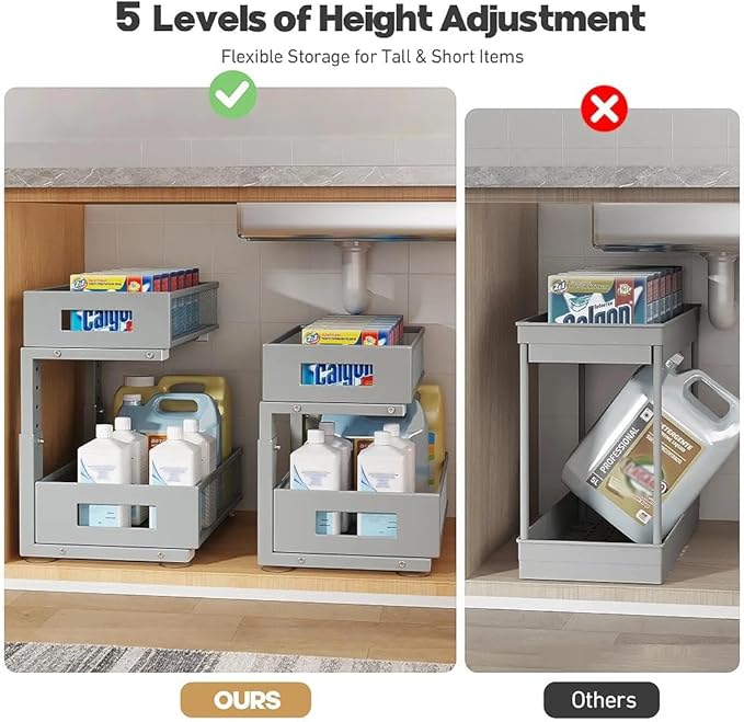 Under Sink Organizer,2-Tier Dual Pull Out Cabinet Organizer Drawers With Smooth Circular Rail,Large Capacity Metal Mesh Slidi