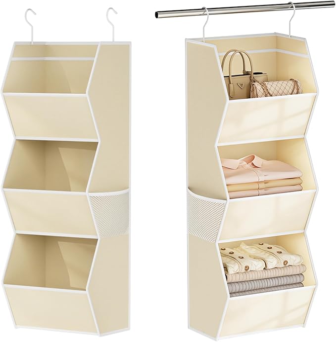 Hanging Closet Organizer 3 Shelf Collapsible Fabric Closet Organizers and Storage Hanging with Mesh Pocket for Clothes, Hangi