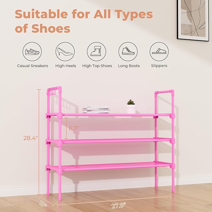 LANTEFUL 3 Tier Shoe Rack for Closet, Shoe Organizer with 5 Hooks, Long Shoe Shelf Storage for Shoe and Boot Stackable Free S