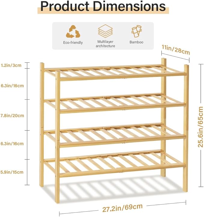 WKWKER 4-Tiers Bamboo Shoe Rack Stackable Free Standing Shoe Racks Portable Shoe Storage Organizer Stackable Shelf for Entryw
