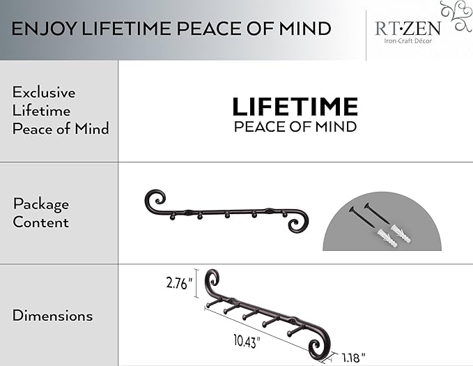 RTZEN Farmhouse Small Key Holder for Wall - Handcrafted Swirl Decorative 5 Key Hooks for Home Entryway - Wrought Iron Wall Mo