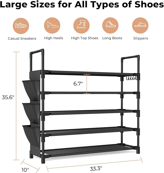 5 Tier Shoe Rack, Shoe Organizer Storage for 20-25 Pair Boot and Sneaker, Stackable Free Standing Shoe Shelf with Hooks and S