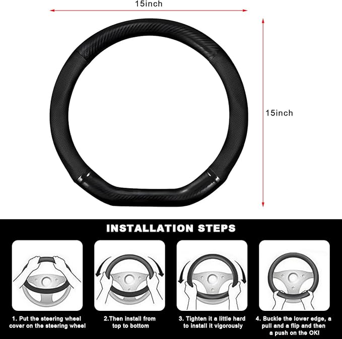 Car Breathable Steering Wheel Cover, Carbon Fiber Wear-Resistant D Shape Steering Wheel Protector for Comfy Grip, Universal N